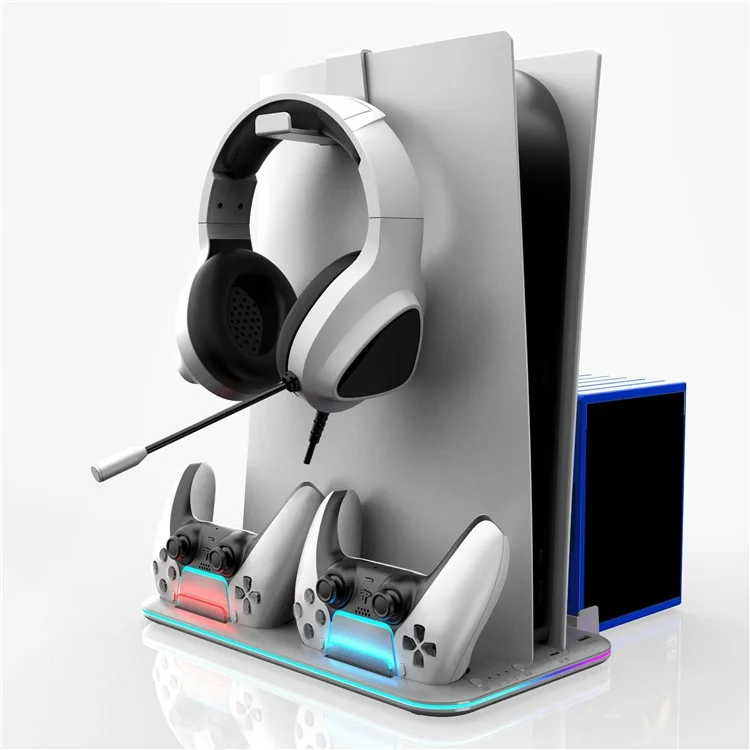 DZ504 Para PS5 / PS5 Slim Suporte de Resfriamento Multifuncional Suporte de Fone de Ouvido Prateleira de Armazenamento de Disco - Branco