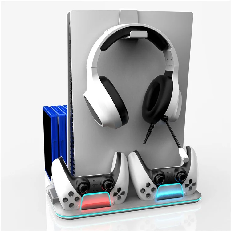 DZ504 Para PS5 / PS5 Slim Suporte de Resfriamento Multifuncional Suporte de Fone de Ouvido Prateleira de Armazenamento de Disco - Branco