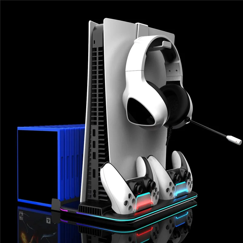 DZ504 For PS5 / PS5 Slim Многофункциональная охлаждающая подставка с держателем для наушников и отсеком для дисков - черный