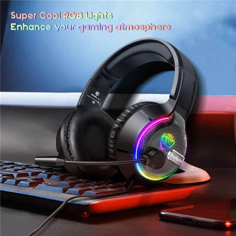 SOULBYTES S19 Auriculares RGB con diadema, Auriculares para juegos por cable para PC, USB+3,5 mm+4 Pin 
