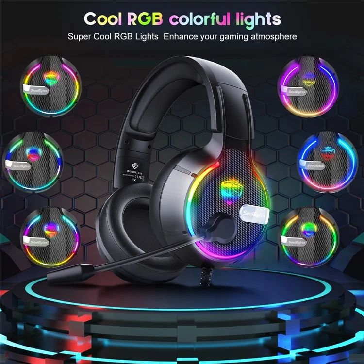 SOULBYTES S19 Auriculares RGB con diadema, Auriculares para juegos por cable para PC, USB+3,5 mm+4 Pin 