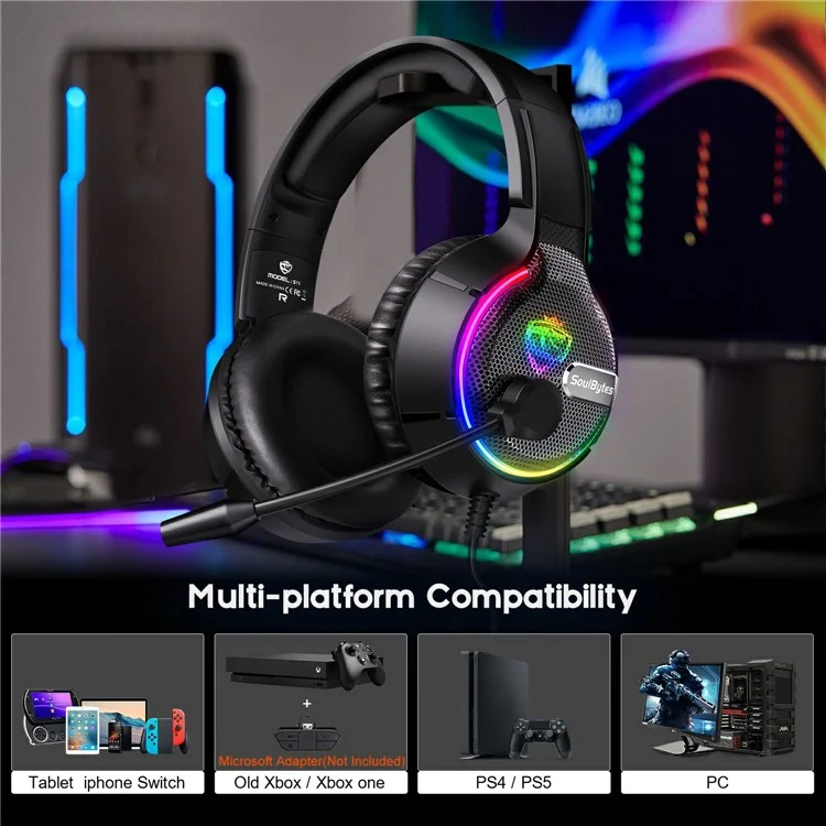 SOULBYTES S19 Auriculares RGB con diadema, Auriculares para juegos por cable para PC, USB+3,5 mm+4 Pin 