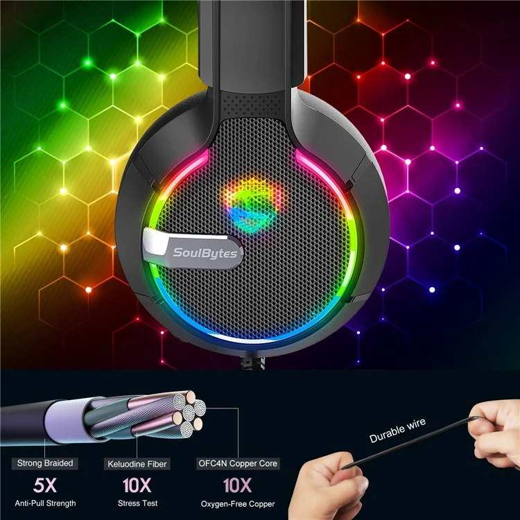 SOULBYTES S19 Auriculares RGB con diadema, Auriculares para juegos por cable para PC, USB+3,5 mm+4 Pin 
