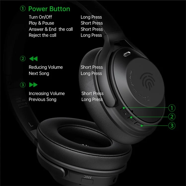 Cuffie Bluetooth A06 ANC Wireless Headset Auricolari da Musica e Gaming - Nero