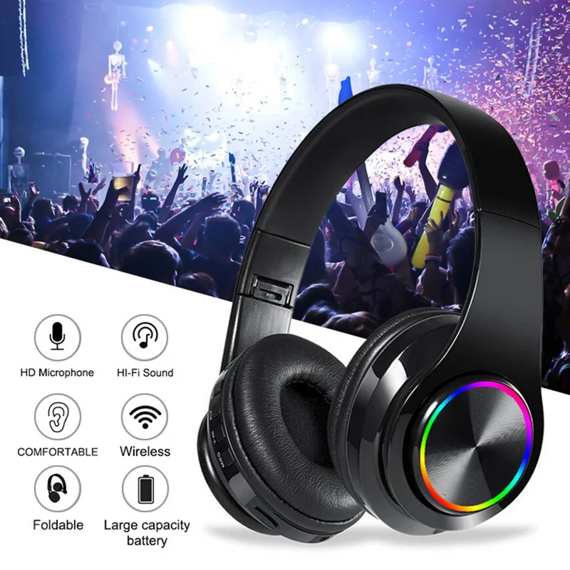 B39 Foldable Over-ear Bluetooth-compatible Headset Wireless HiFi Music Gaming Headphone with Breathing Light - Black+Red
