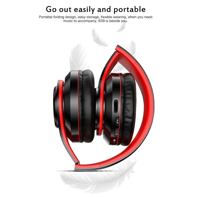B39 Foldable Over-ear Bluetooth-compatible Headset Wireless HiFi Music Gaming Headphone with Breathing Light - Black+Red