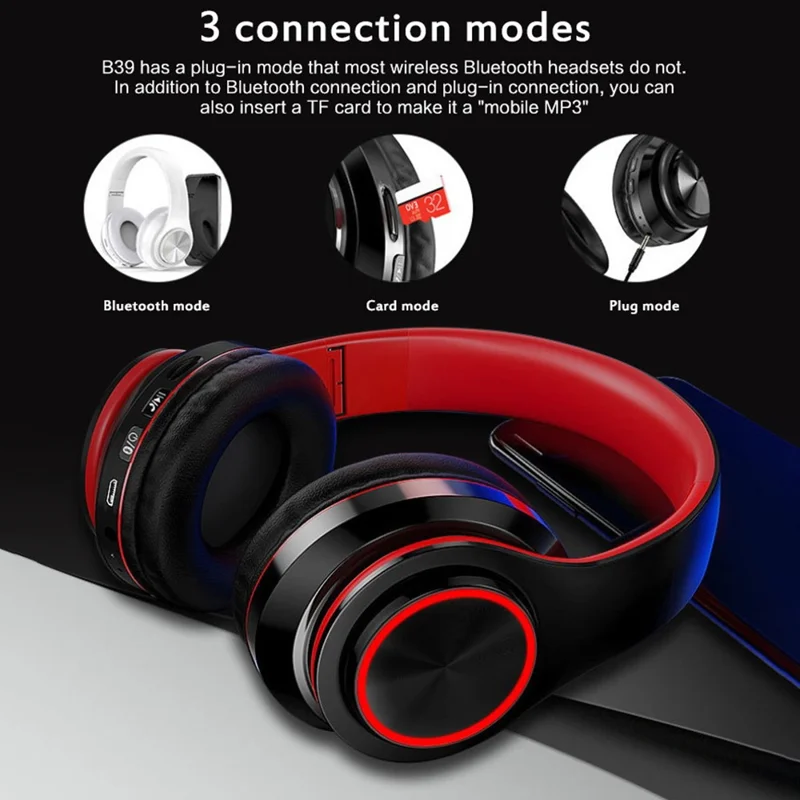 B39 Foldable Over-ear Bluetooth-compatible Headset Wireless HiFi Music Gaming Headphone with Breathing Light - Black+Red