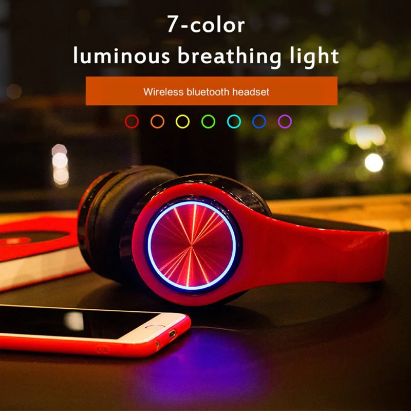 B39 Foldable Over-ear Bluetooth-compatible Headset Wireless HiFi Music Gaming Headphone with Breathing Light - Red+Black