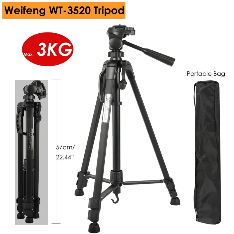 حامل ثلاثي WEIFENG 3520 من سبائك الألومنيوم مع رأس كروي ولوحة ثلاثية الاتجاهات للكاميرات كانون ونيكون وسوني SLR (بأقصى حمل 3 كجم)
