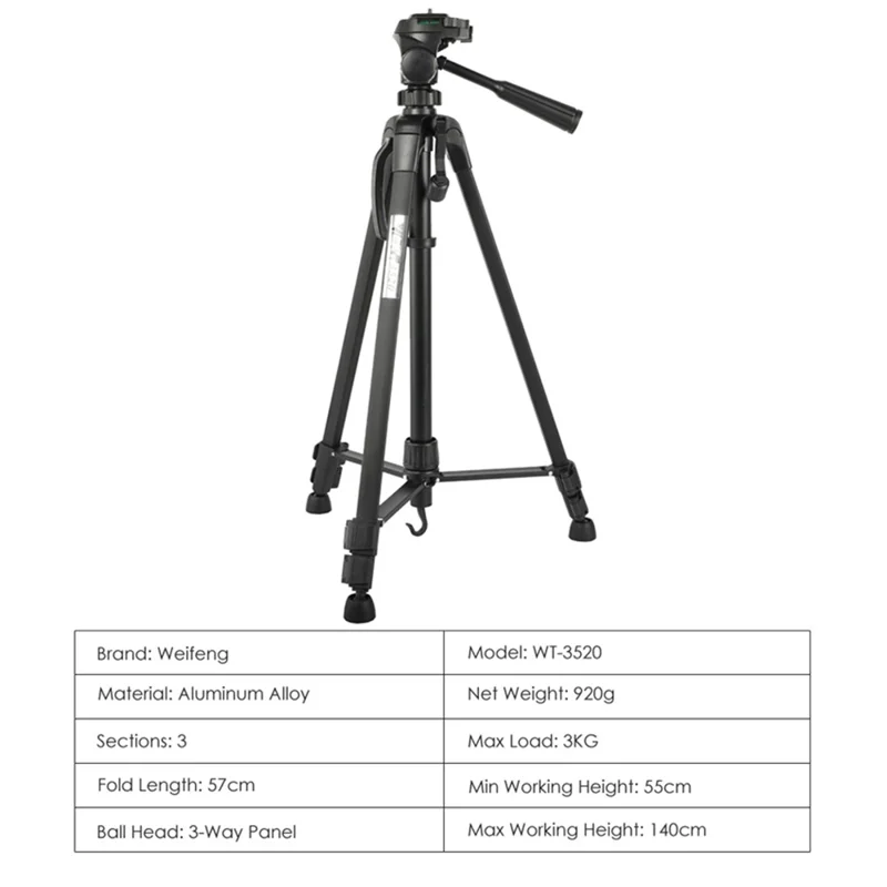 حامل ثلاثي WEIFENG 3520 من سبائك الألومنيوم مع رأس كروي ولوحة ثلاثية الاتجاهات للكاميرات كانون ونيكون وسوني SLR (بأقصى حمل 3 كجم)