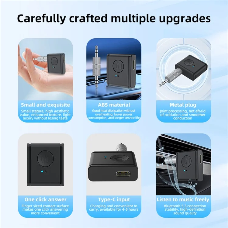 Adaptador de Áudio para Carro B1 3,5mm HiFi Sound Mãos-Livres Bluetooth 5.3 AUX Receiver