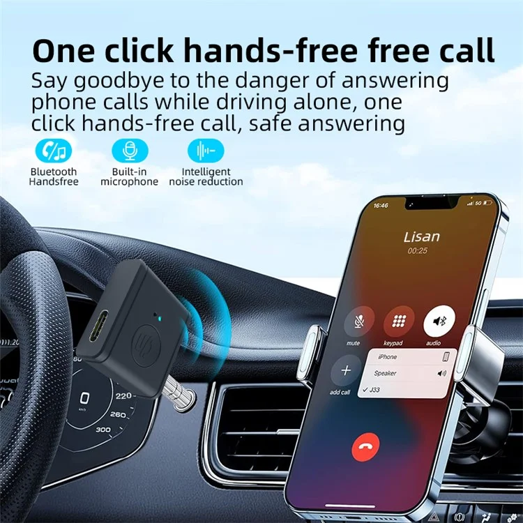 Adaptador de Áudio para Carro B1 3,5mm HiFi Sound Mãos-Livres Bluetooth 5.3 AUX Receiver