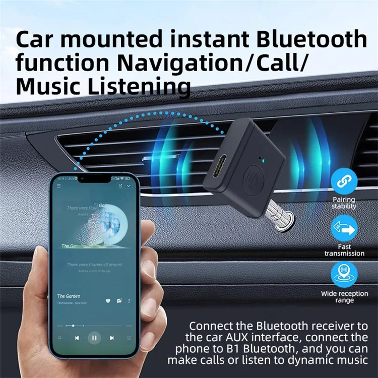 Adaptador de Áudio para Carro B1 3,5mm HiFi Sound Mãos-Livres Bluetooth 5.3 AUX Receiver