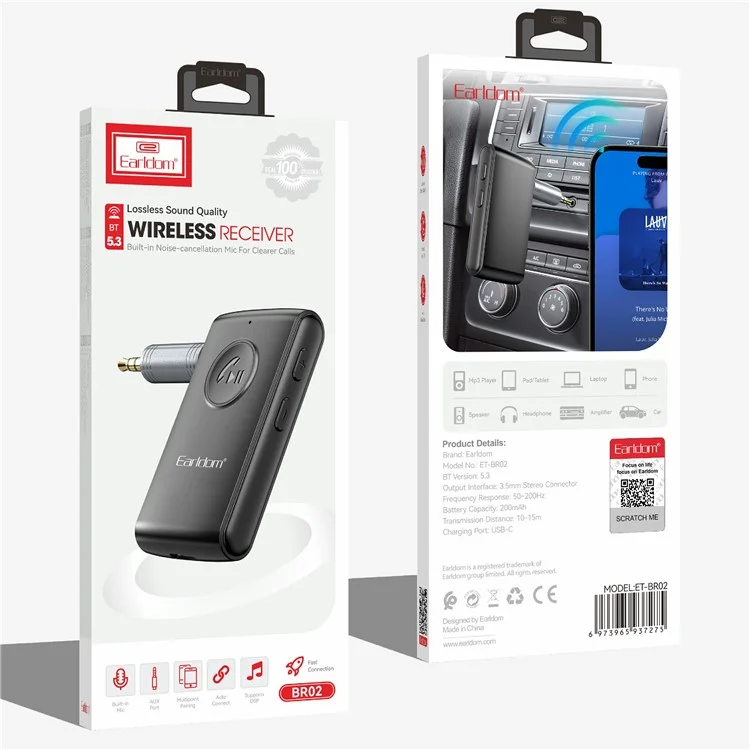 EARLDOM ET-BR02 Bluetooth 5.3 Adapter для Handsfree-вызовов, 3,5-мм AUX Аудио-приёмник для автомобильных колонок