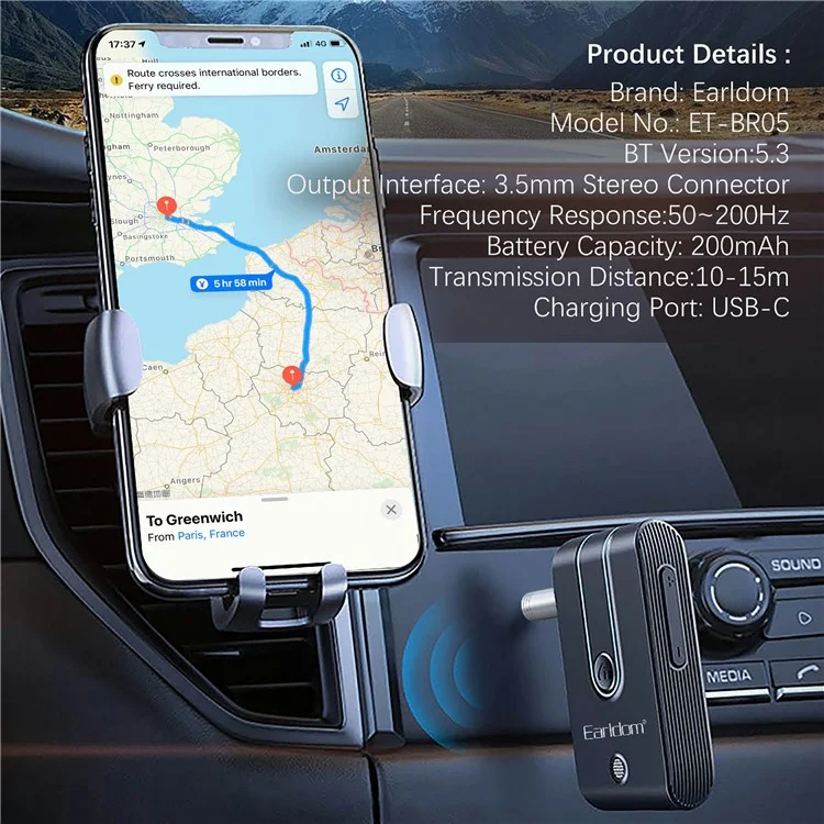 EARLDOM ET-BR05 Bluetooth 5.3 kabelloser Adapter für Freisprechfunktion 3,5-mm-AUX-Autoaudiolautsprecher-Empfänger