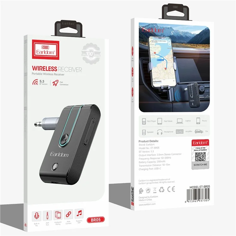 EARLDOM ET-BR05 Bluetooth 5.3 kabelloser Adapter für Freisprechfunktion 3,5-mm-AUX-Autoaudiolautsprecher-Empfänger