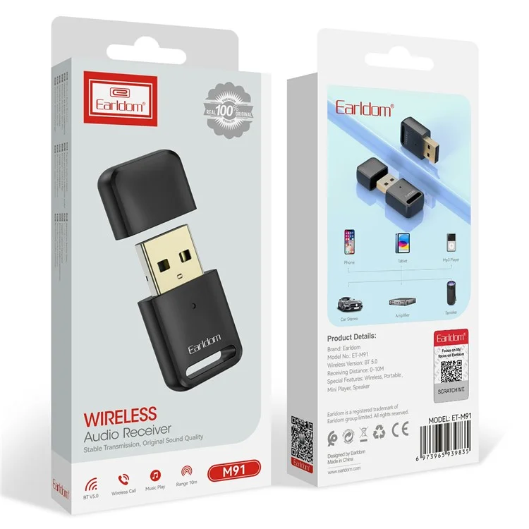 EARLDOM M91 USB Computer Bluetooth 5.0 Empfänger-Adapter für Maus, Tastatur, Lautsprecher