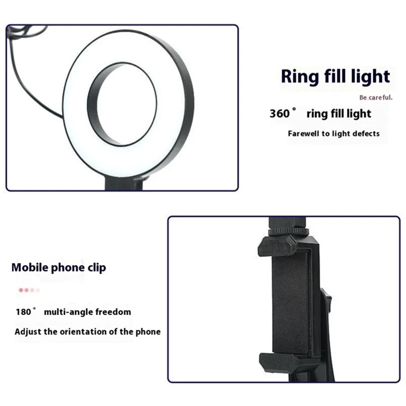 48-LED-ringbelysning med USB-anslutning, fyllningsbelysning med telefonklips + skrivbordsstativ för livesändning