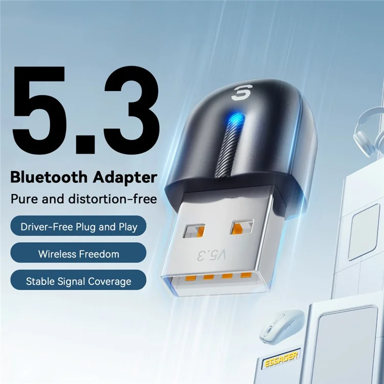 ESSAGER EBT53-BH01-P Adaptador Bluetooth 5.3 USB Plug and Play para Controlador de Jogos de PC, Telefone
