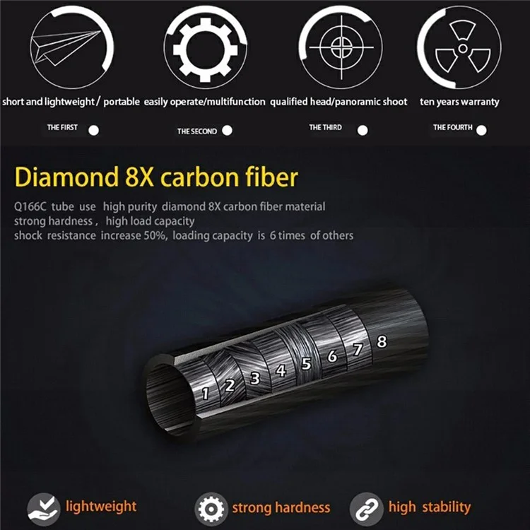 QZSD 8KG Max Load Carbon Fiber Mini Treppiede con Testa a Sfera Rotante a 360 Gradi per Fotocamere DSLR