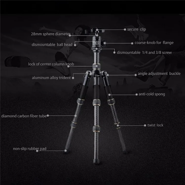 QZSD 8KG Max Load Carbon Fiber Mini Treppiede con Testa a Sfera Rotante a 360 Gradi per Fotocamere DSLR