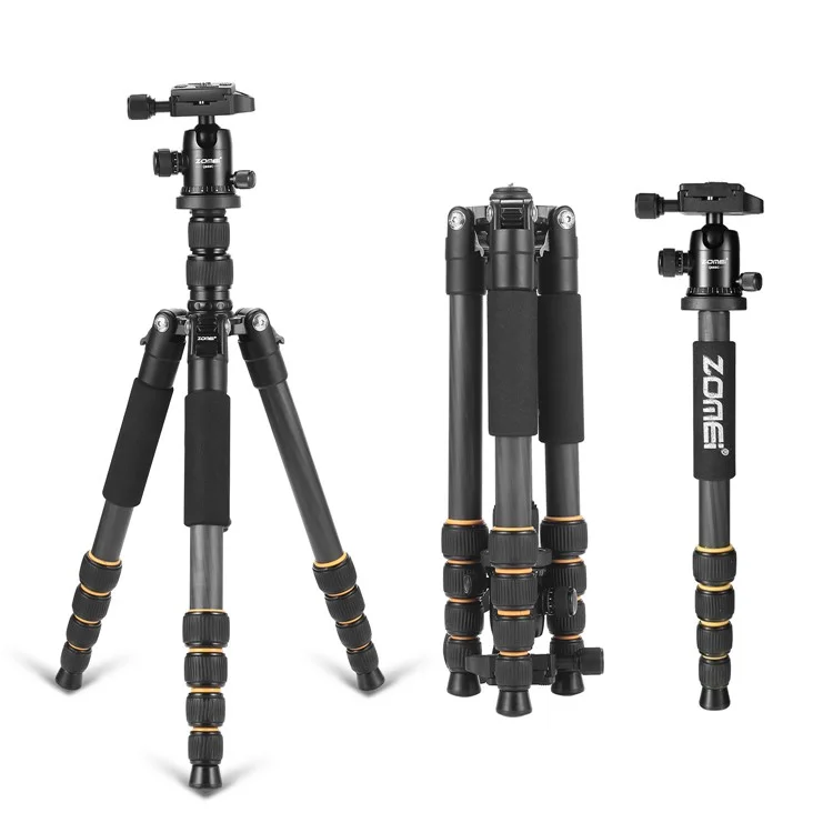 ZOMEI Q666C Folding Carbon Fiber 5-Section Portable Tripod for SLR Camera Outdoor Floor Stand, Black