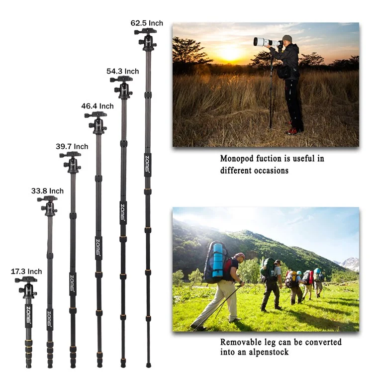 ZOMEI Q666C Folding Carbon Fiber 5-Section Portable Tripod for SLR Camera Outdoor Floor Stand, Black