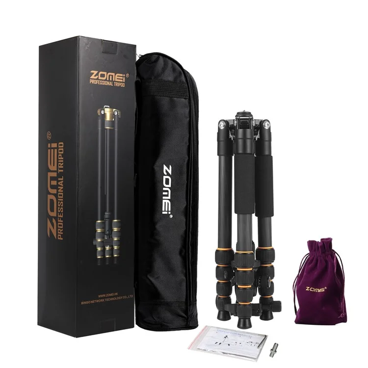 ZOMEI Q666C Folding Carbon Fiber 5-Section Portable Tripod for SLR Camera Outdoor Floor Stand, Black