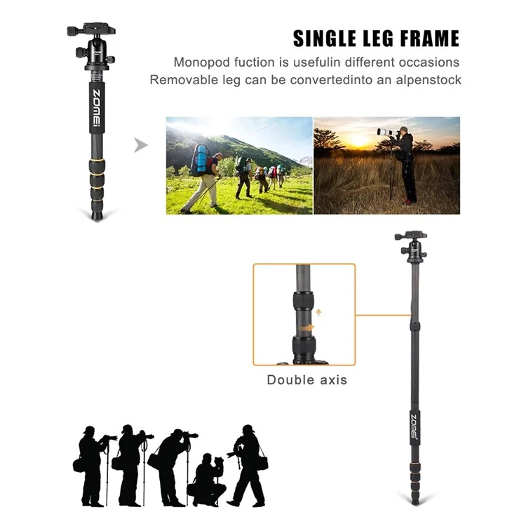 ZOMEI Q666C Folding Carbon Fiber 5-Section Portable Tripod for SLR Camera Outdoor Floor Stand, Black