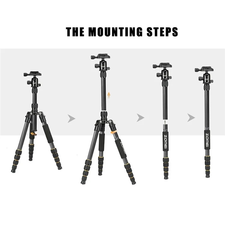 ZOMEI Q666C Folding Carbon Fiber 5-Section Portable Tripod for SLR Camera Outdoor Floor Stand, Black