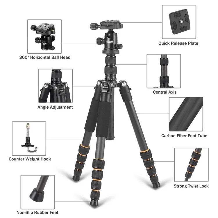 ZOMEI Q666C Folding Carbon Fiber 5-Section Portable Tripod for SLR Camera Outdoor Floor Stand, Black