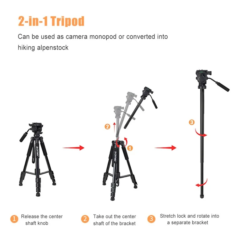 ZOMEI Q310 Photo Tripod Fluid Head Sproacket 4 Section Gran Tamaño de Cámara Móvil Alta Tamaño de Carga Universal, Negro