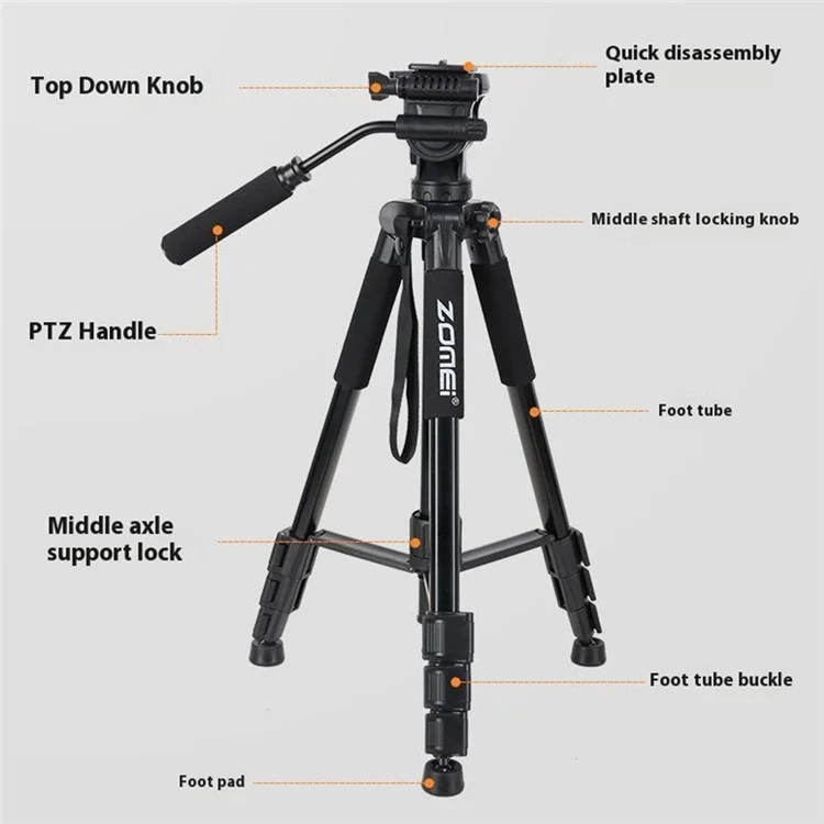 ZOMEI Q310 Photo Tripod Fluid Head Sproacket 4 Section Gran Tamaño de Cámara Móvil Alta Tamaño de Carga Universal, Negro