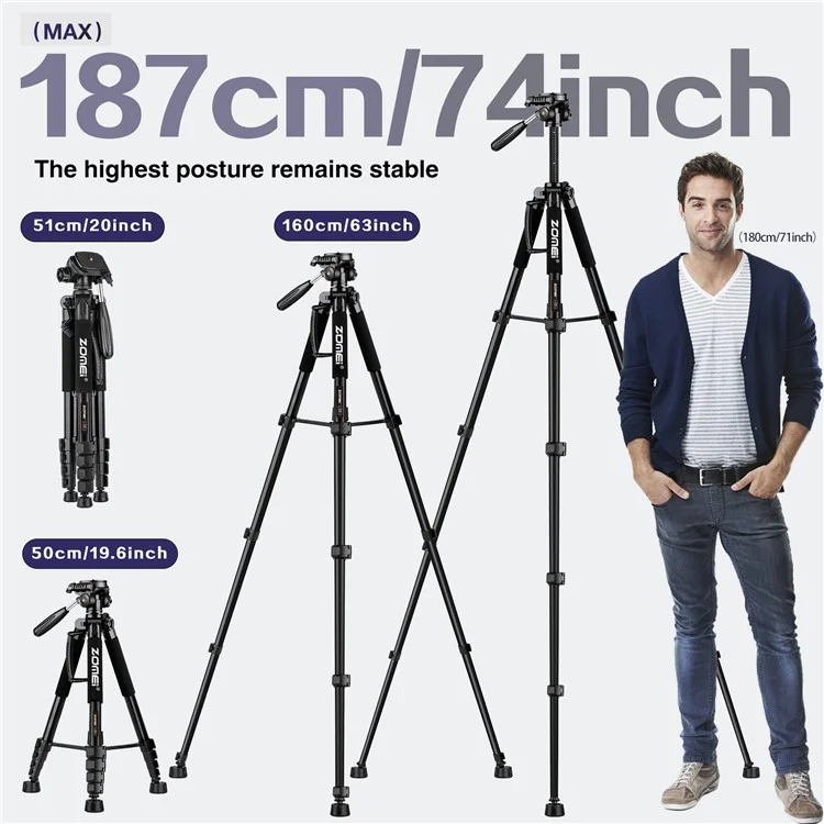 ZOMEI Q188 Camera Trípode SLR Camera Stand Teléfono Móvil Soporte de Transmisión en Vivo Proyector de Relleno de Luz - Negro