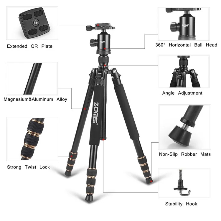 ZOMEI Z668 Photo Camera Tripod 4-Section Aluminum Alloy SLR Camera Floor Stand, Black