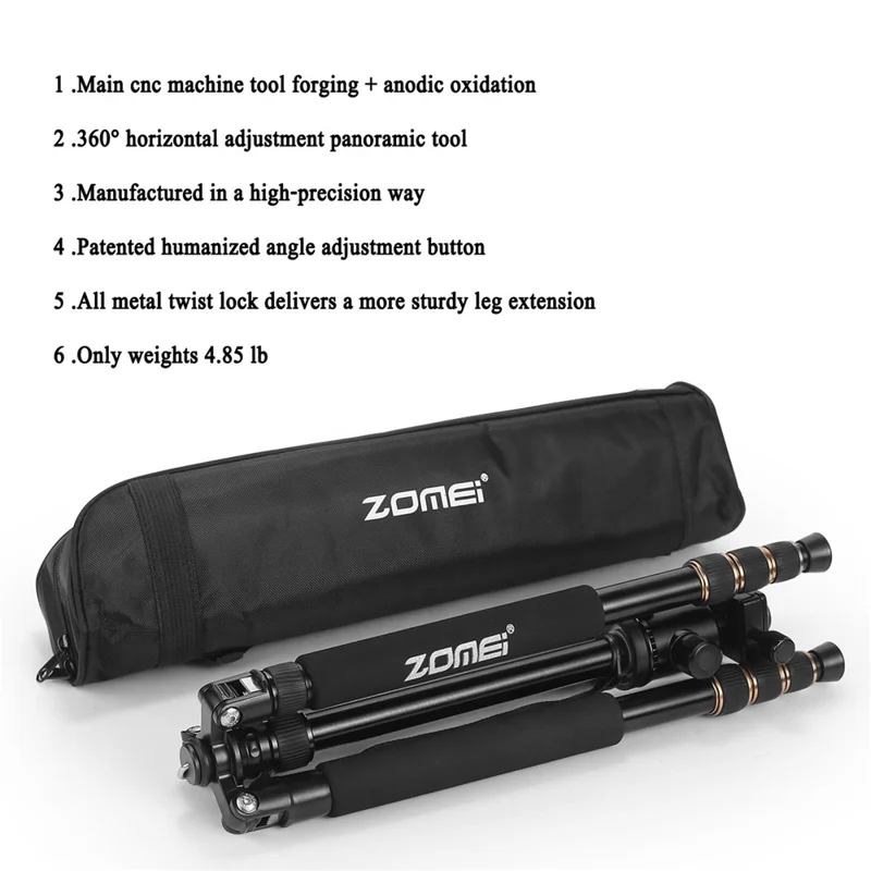 ZOMEI Z668 Photo Camera Tripod 4-Section Aluminum Alloy SLR Camera Floor Stand, Black