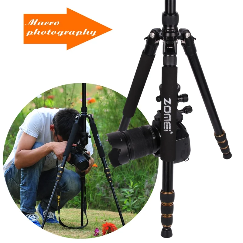 ZOMEI Z668 Photo Camera Tripod 4-Section Aluminum Alloy SLR Camera Floor Stand, Black