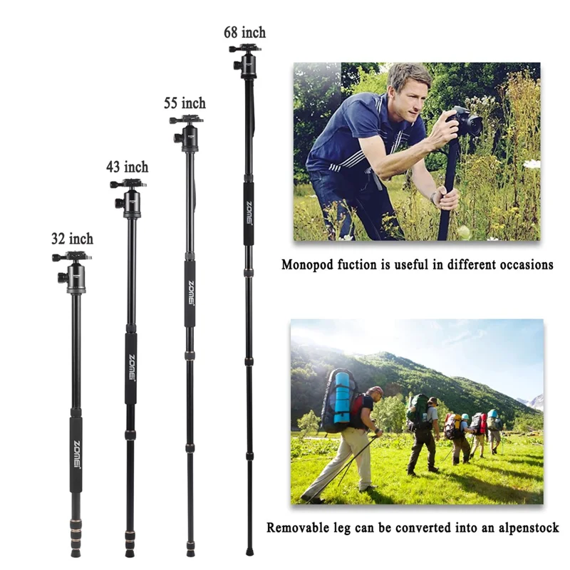 ZOMEI Z668 Photo Camera Tripod 4-Section Aluminum Alloy SLR Camera Floor Stand, Black