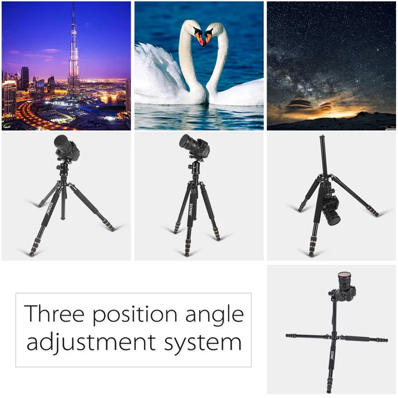 ZOMEI Z668 Photo Camera Tripod 4-Section Aluminum Alloy SLR Camera Floor Stand, Black