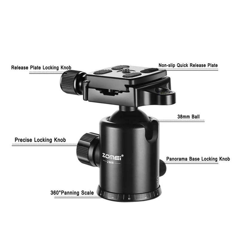 ZOMEI Z668 Photo Camera Tripod 4-Section Aluminum Alloy SLR Camera Floor Stand, Black