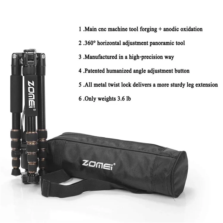 ZOMEI Z669 Camera Tripod 5-Section Legs Aluminum Alloy Multi-Function Bracket Ball Head, Black