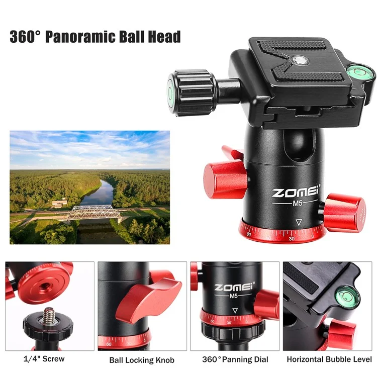 ZOMEI M5 Photo Camera Lightweight Travel Aluminum Tripod Monopod Compact Portable Photo 4-Section Tripod Stand, Black