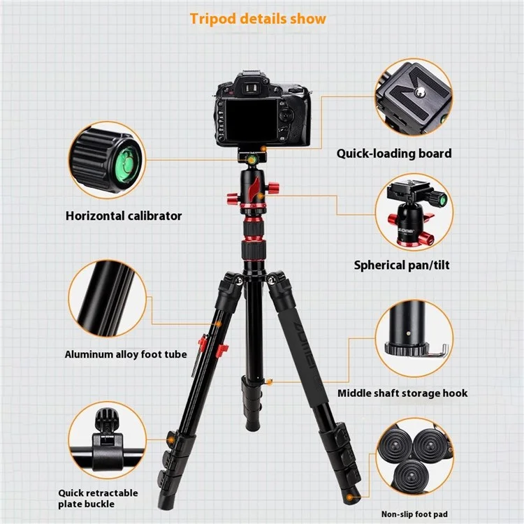 ZOMEI M5 Photo Camera Lightweight Travel Aluminum Tripod Monopod Compact Portable Photo 4-Section Tripod Stand, Black