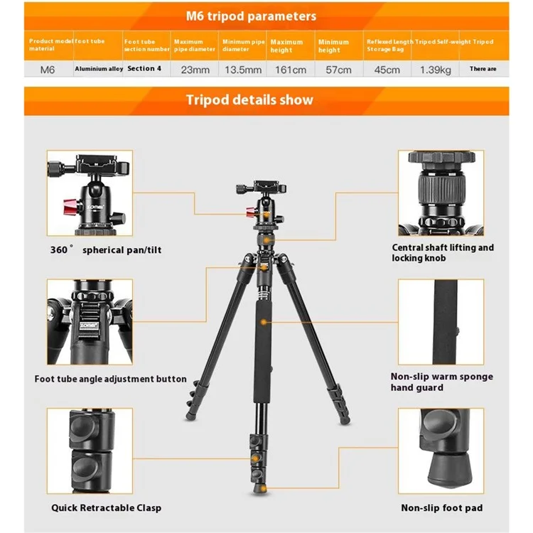 ZOMEI M6 Camera Tripod Mobile Phone Live Broadcast Bracket Aluminum Alloy 4-Section Tripod Stand