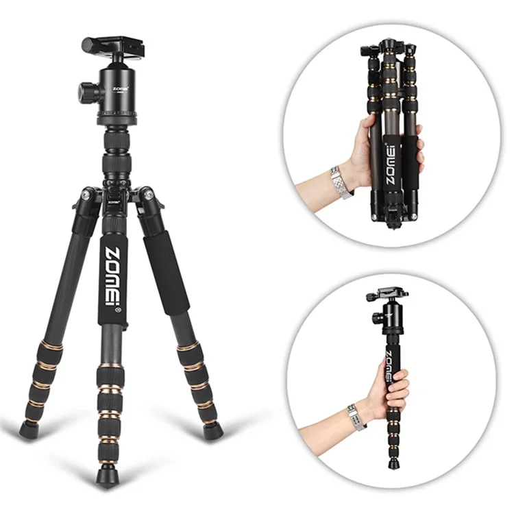 ZOMEI Z669C Photography Tripod SLR Camera Outdoor Floor 5-Section Stand Ball Head Carbon Fiber Tripod, Black