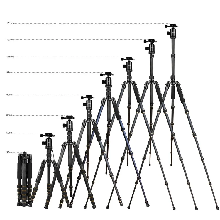 ZOMEI Z669C Photography Tripod SLR Camera Outdoor Floor 5-Section Stand Ball Head Carbon Fiber Tripod, Black