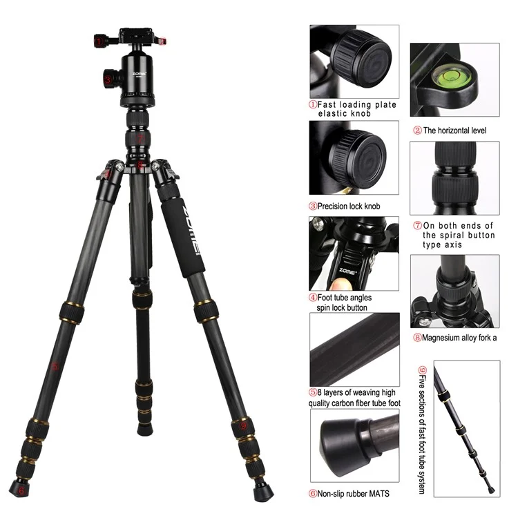 ZOMEI Z669C Photography Tripod SLR Camera Outdoor Floor 5-Section Stand Ball Head Carbon Fiber Tripod, Black