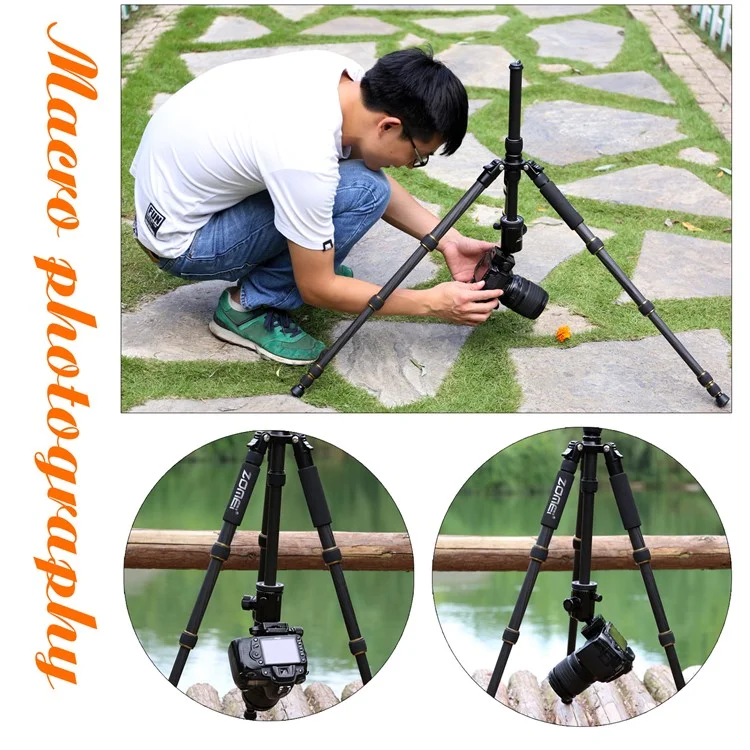 ZOMEI Z669C Photography Tripod SLR Camera Outdoor Floor 5-Section Stand Ball Head Carbon Fiber Tripod, Black