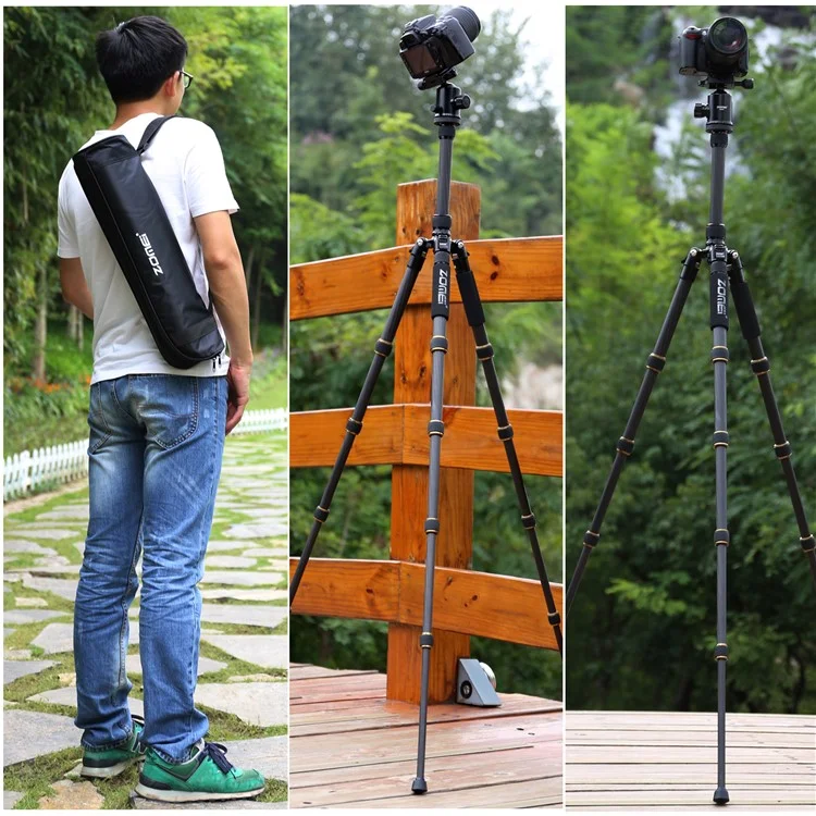 ZOMEI Z669C Photography Tripod SLR Camera Outdoor Floor 5-Section Stand Ball Head Carbon Fiber Tripod, Black