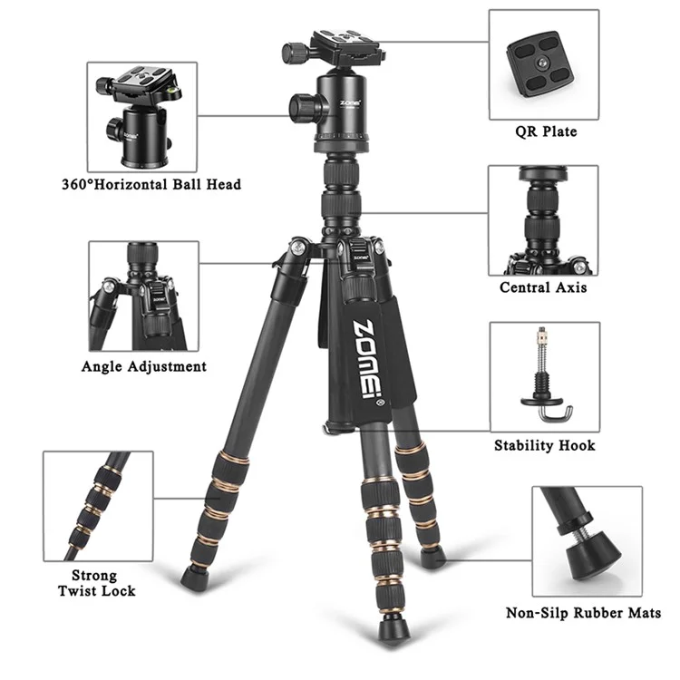 ZOMEI Z669C Photography Tripod SLR Camera Outdoor Floor 5-Section Stand Ball Head Carbon Fiber Tripod, Black